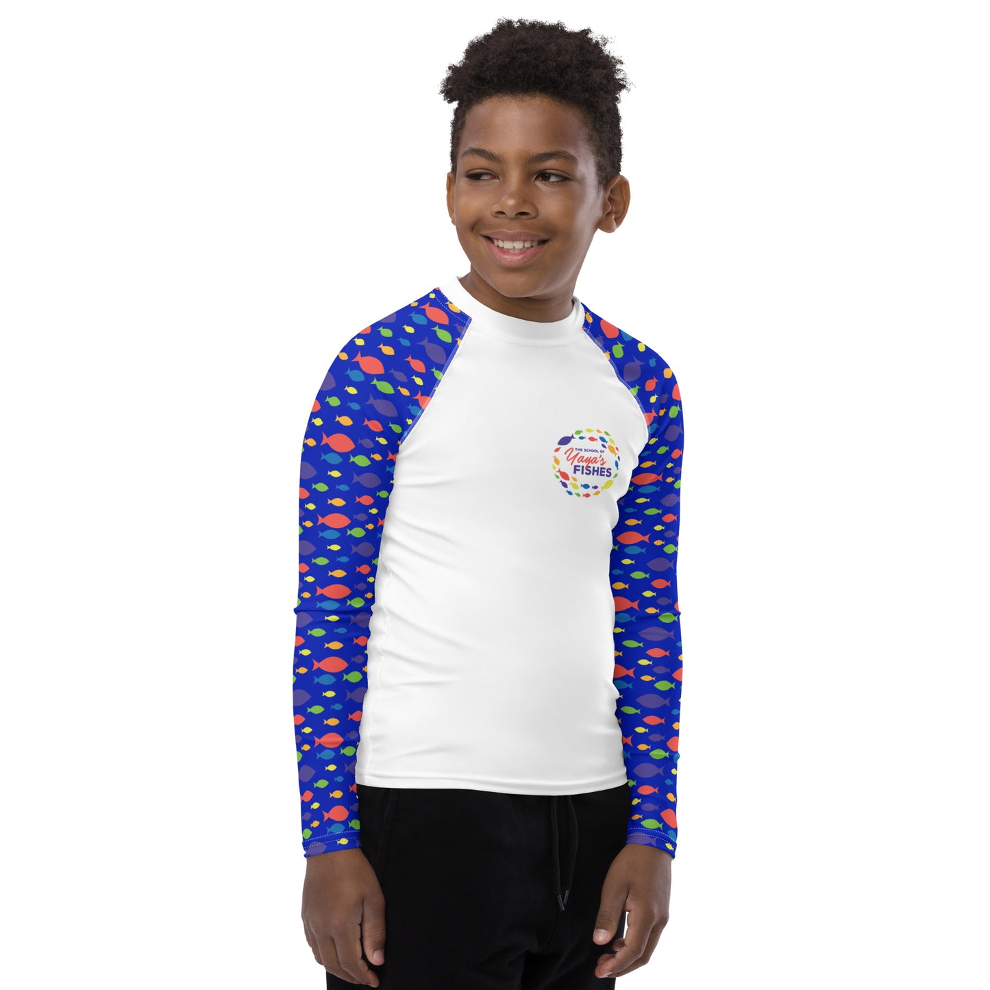 Children/Teen Rash Guard - White with blue sleeves