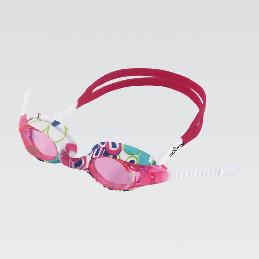 Description: Pink floral swim goggles for children.