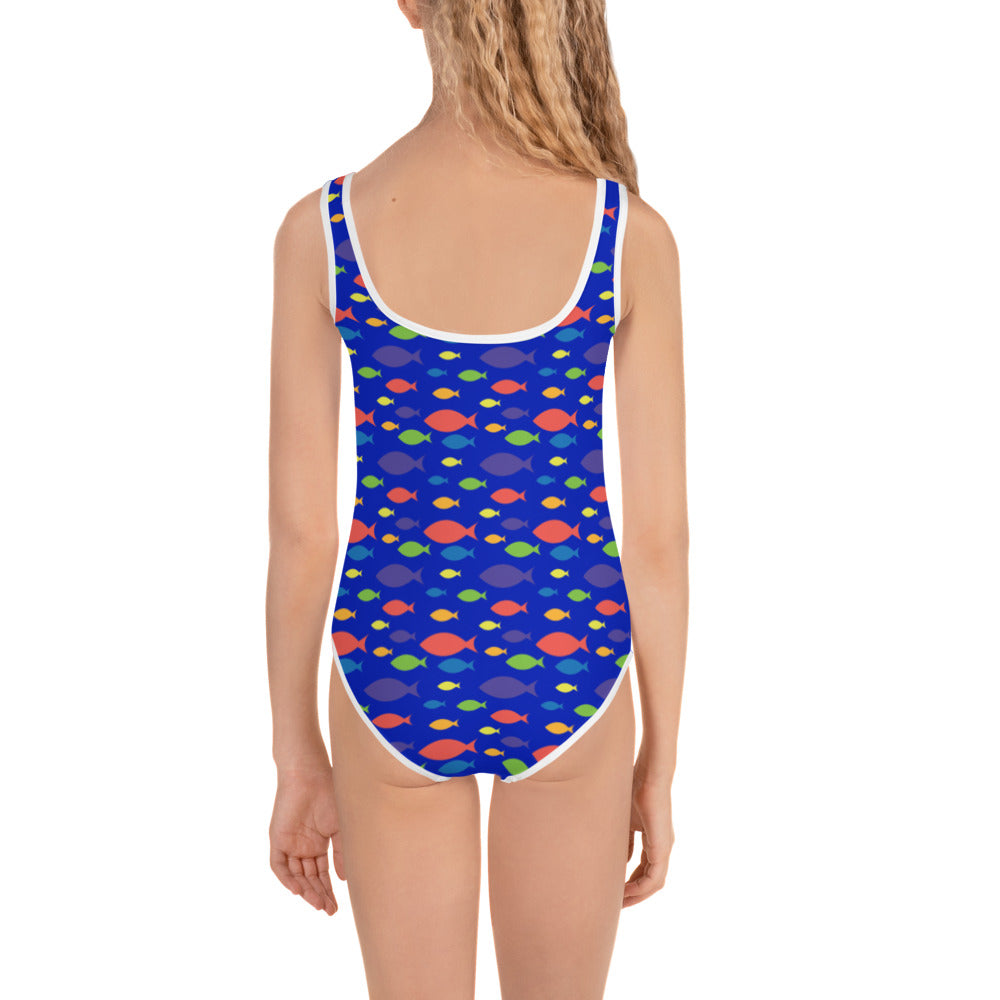 Description: Swimsuit in blue fish print with white binding