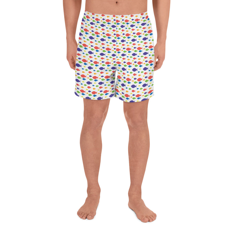 Description: Swim shorts in white fish print