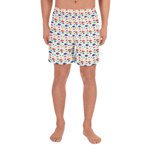 Description: Swim shorts in white fish print