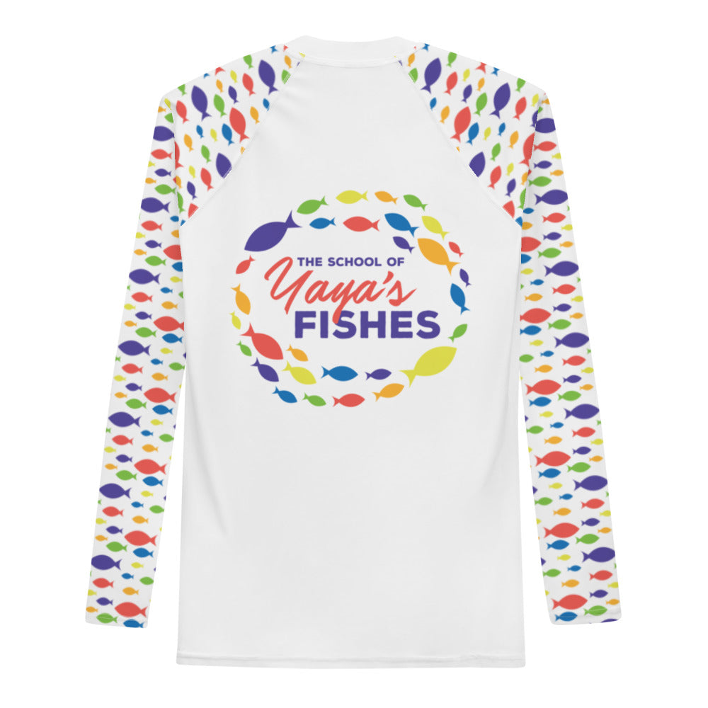 cription: Raglan rashguard in white with The School of Yaya’s Fishes logos on front and back and white Fish Print on sleeves.