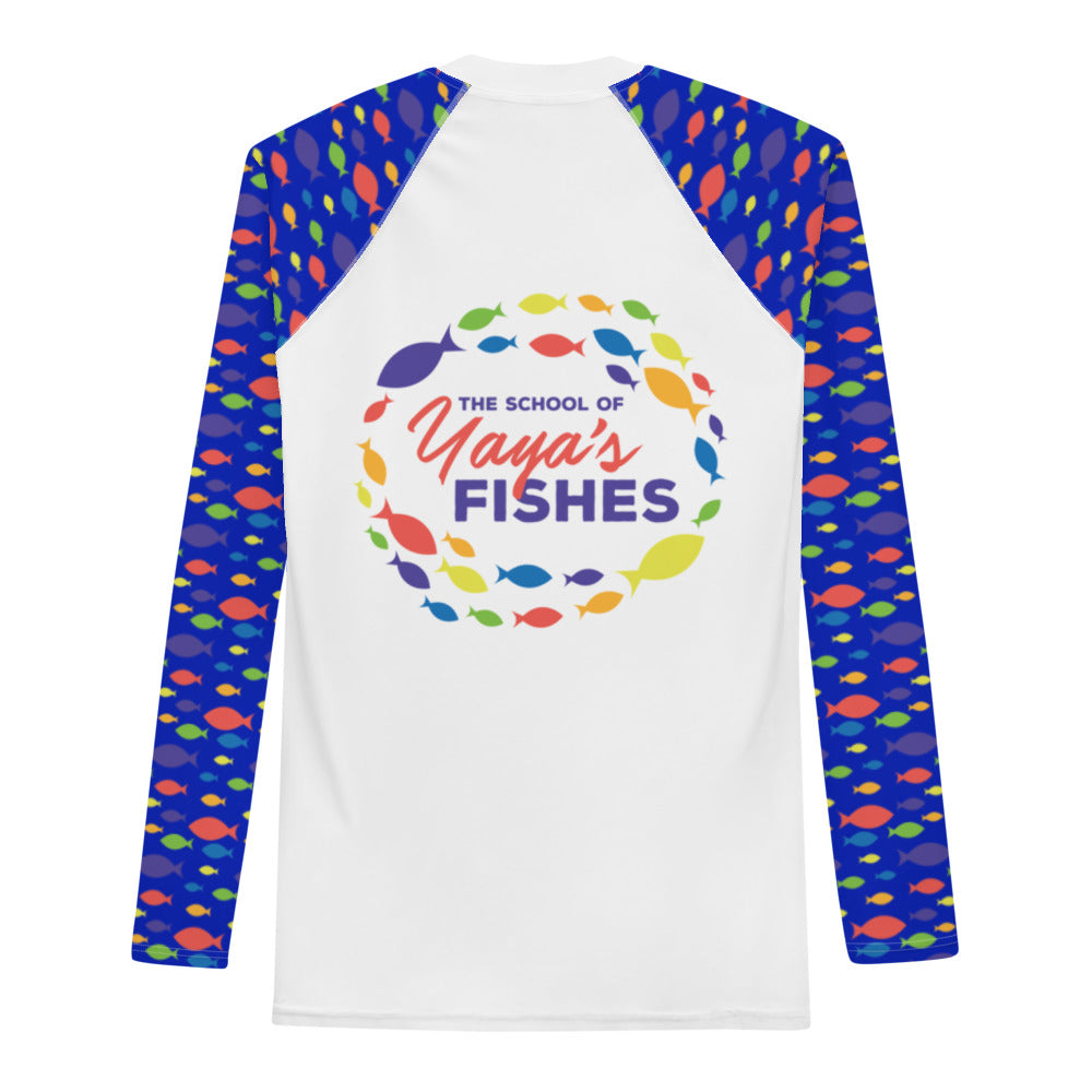 Description: Raglan rashguard in white with The School of Yaya’s Fishes logos on front and back and blue Fish Print on sleeves.
