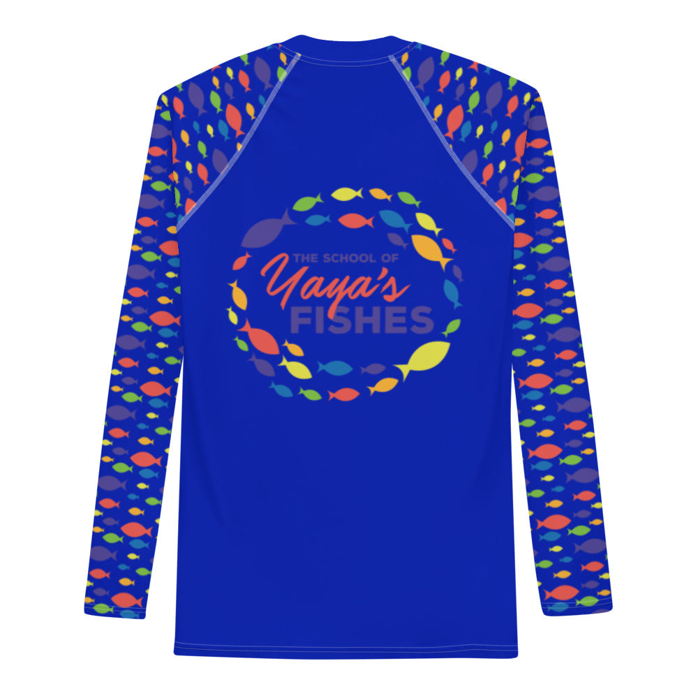 Description: Raglan rashguard in blue with The School of Yaya’s Fishes logos on front and back and blue Fish Print on sleeves.