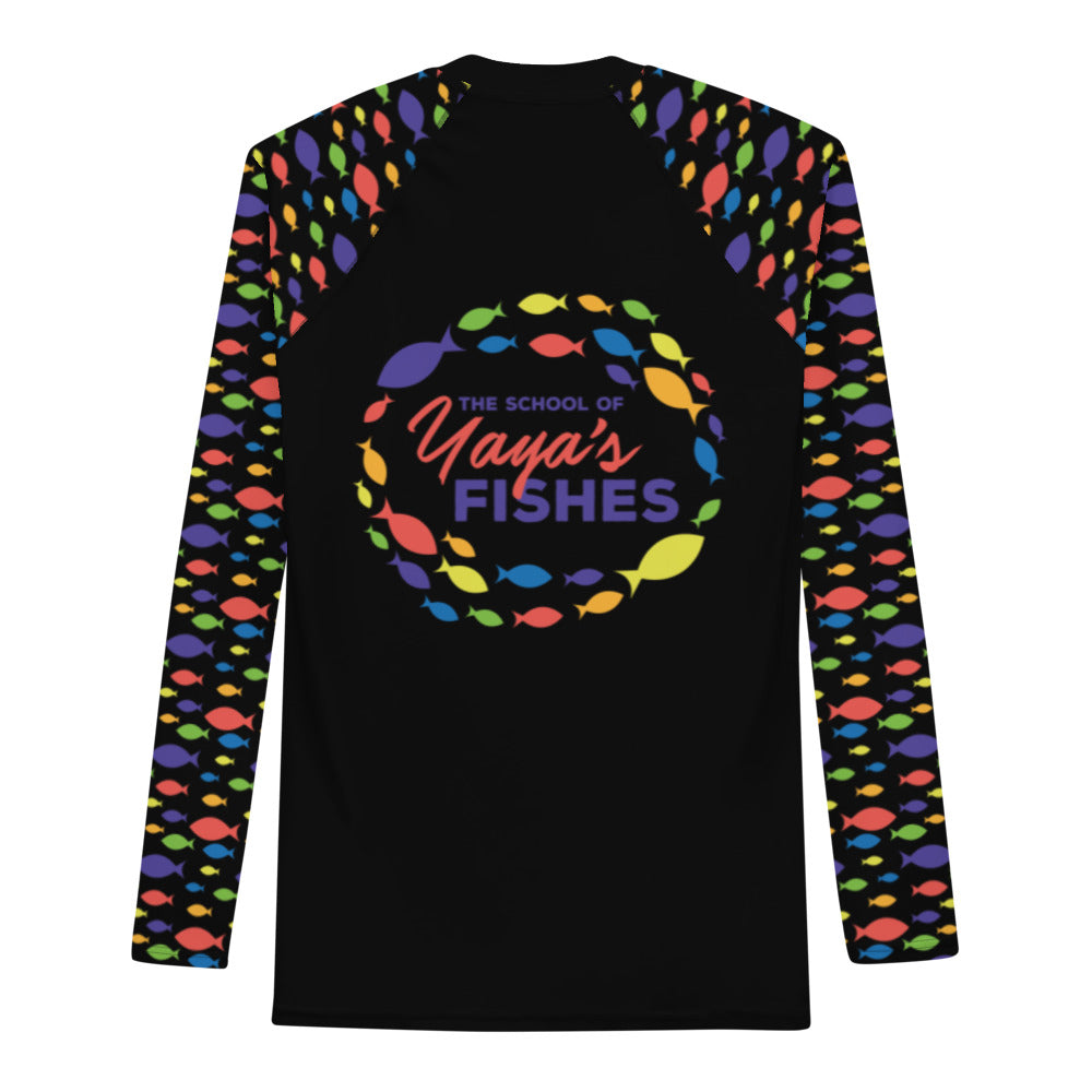 Description: Raglan rashguard in black with The School of Yaya’s Fishes logos on front and back and black Fish Print on sleeves.