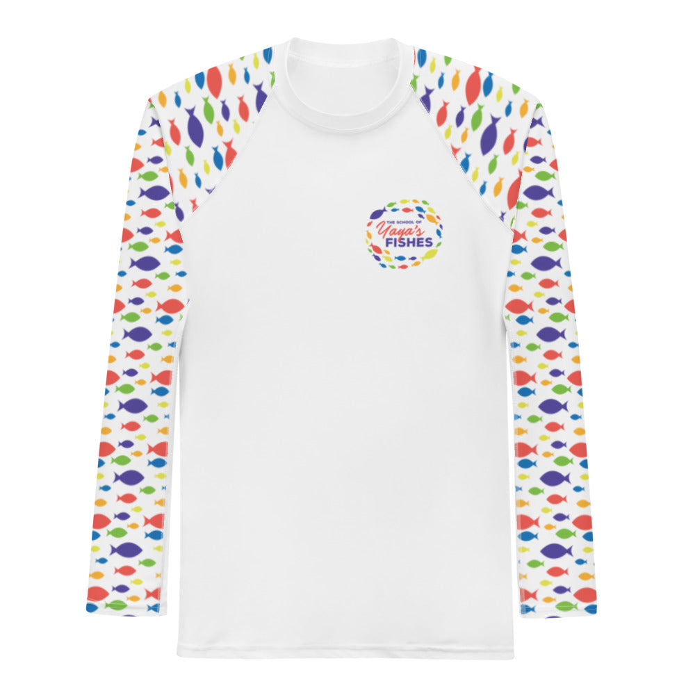 cription: Raglan rashguard in white with The School of Yaya’s Fishes logos on front and back and white Fish Print on sleeves.
