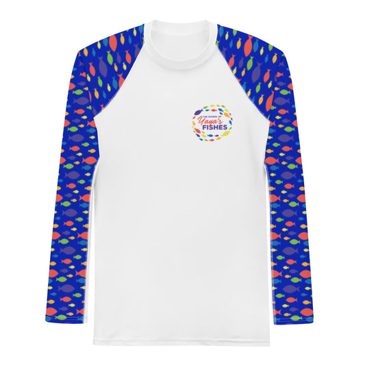 Description: Raglan rashguard in white with The School of Yaya’s Fishes logos on front and back and blue Fish Print on sleeves.