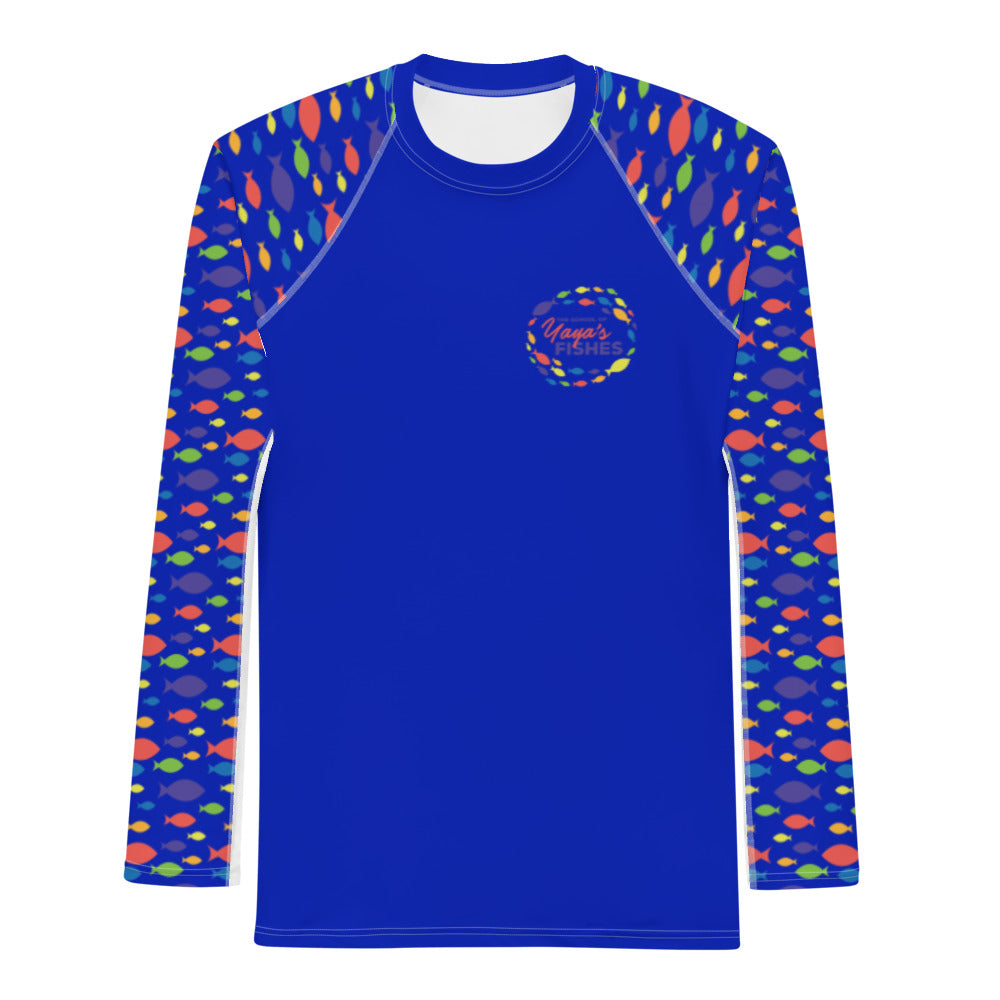 Description: Raglan rashguard in blue with The School of Yaya’s Fishes logos on front and back and blue Fish Print on sleeves.