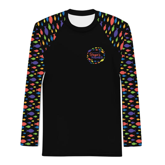 Description: Raglan rashguard in black with The School of Yaya’s Fishes logos on front and back and black Fish Print on sleeves.