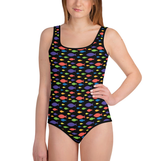 Youth one-peice swim suit in black Fish Print