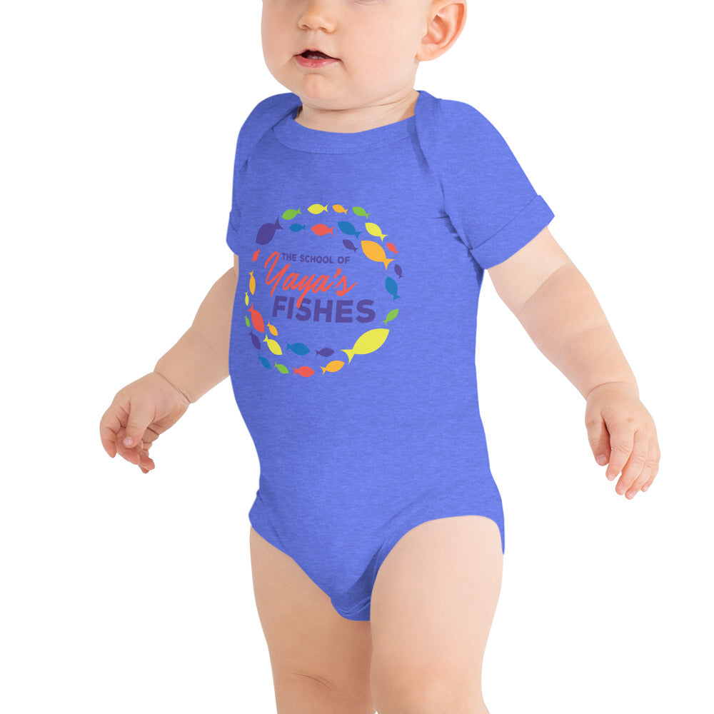 Onesie in blue with The School of Yaya's Fishes logo in the front