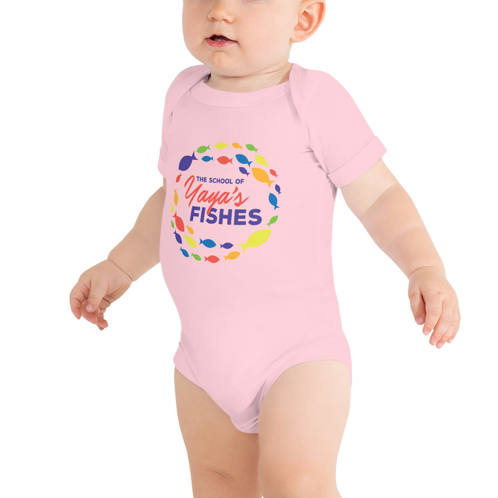 Onesie in pink with The School of Yaya's Fishes logo in the front