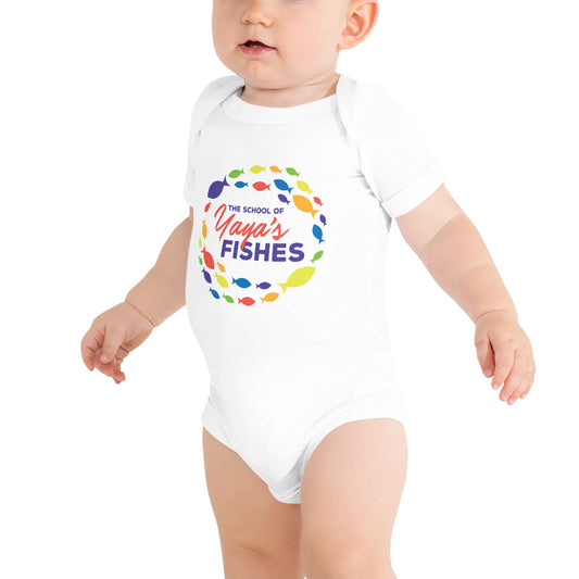Onesie in white with The School of Yaya's Fishes logo in the front