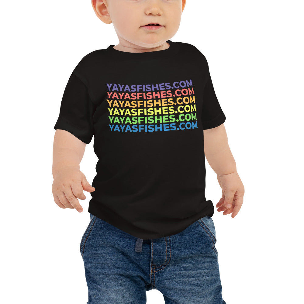Description: Black tee shirt with yayasfishes.com written six times in a rainbow of colors.