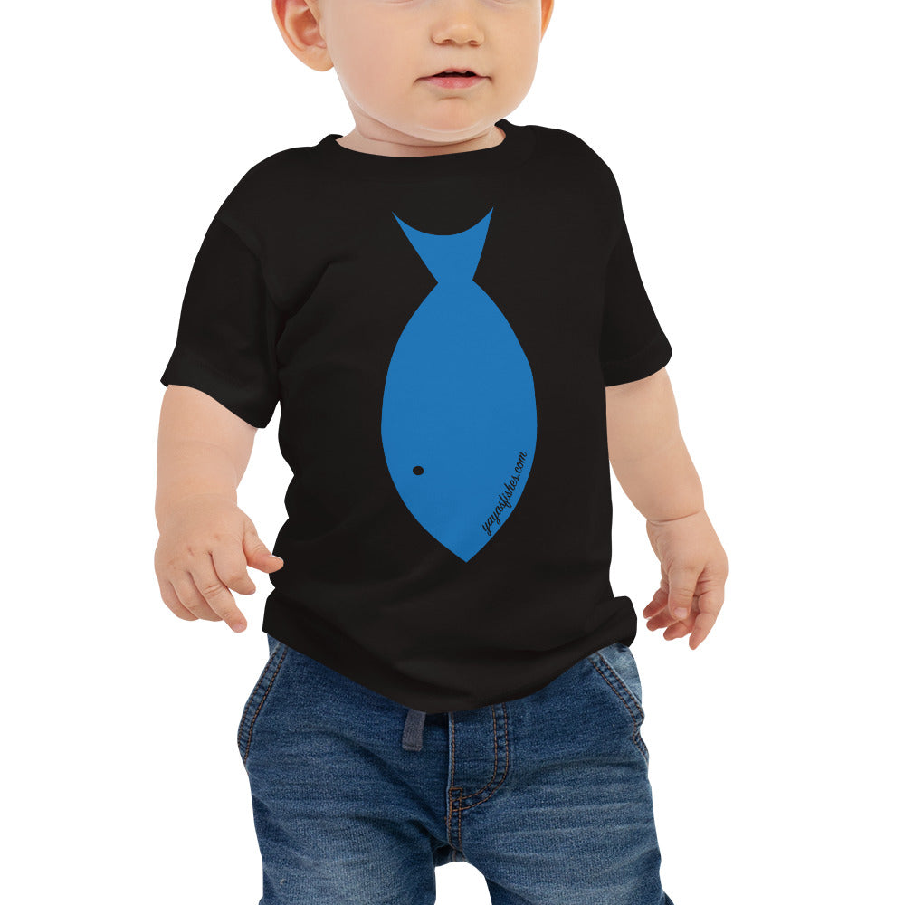 Description: Fish Tie shirt in black with blue design. Yayasfishes.com