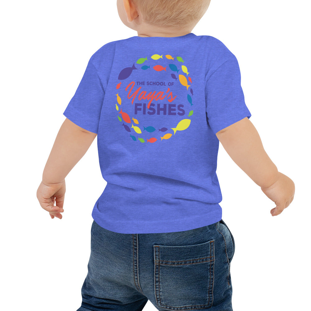 Description: Bright blue Tee with The School of Yaya’s Fishes Logo on the front AND back
