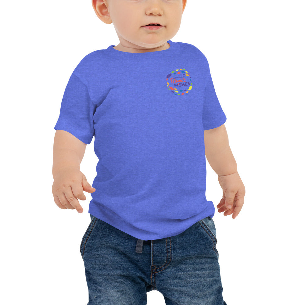 Description: Bright blue Tee with The School of Yaya’s Fishes Logo on the front AND back