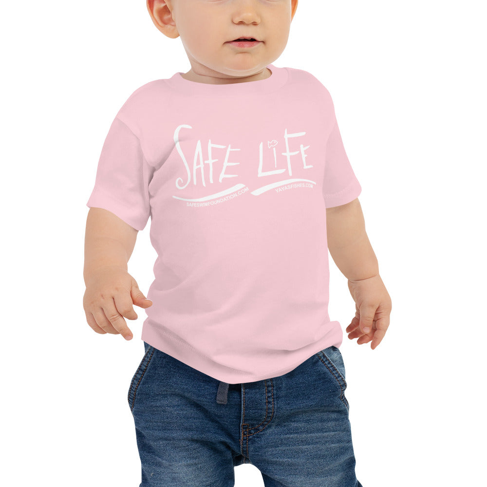 Description: Light pink tee with white Safe Life logo on front. SafeSwimFoundation.com. YayasFishes.com.