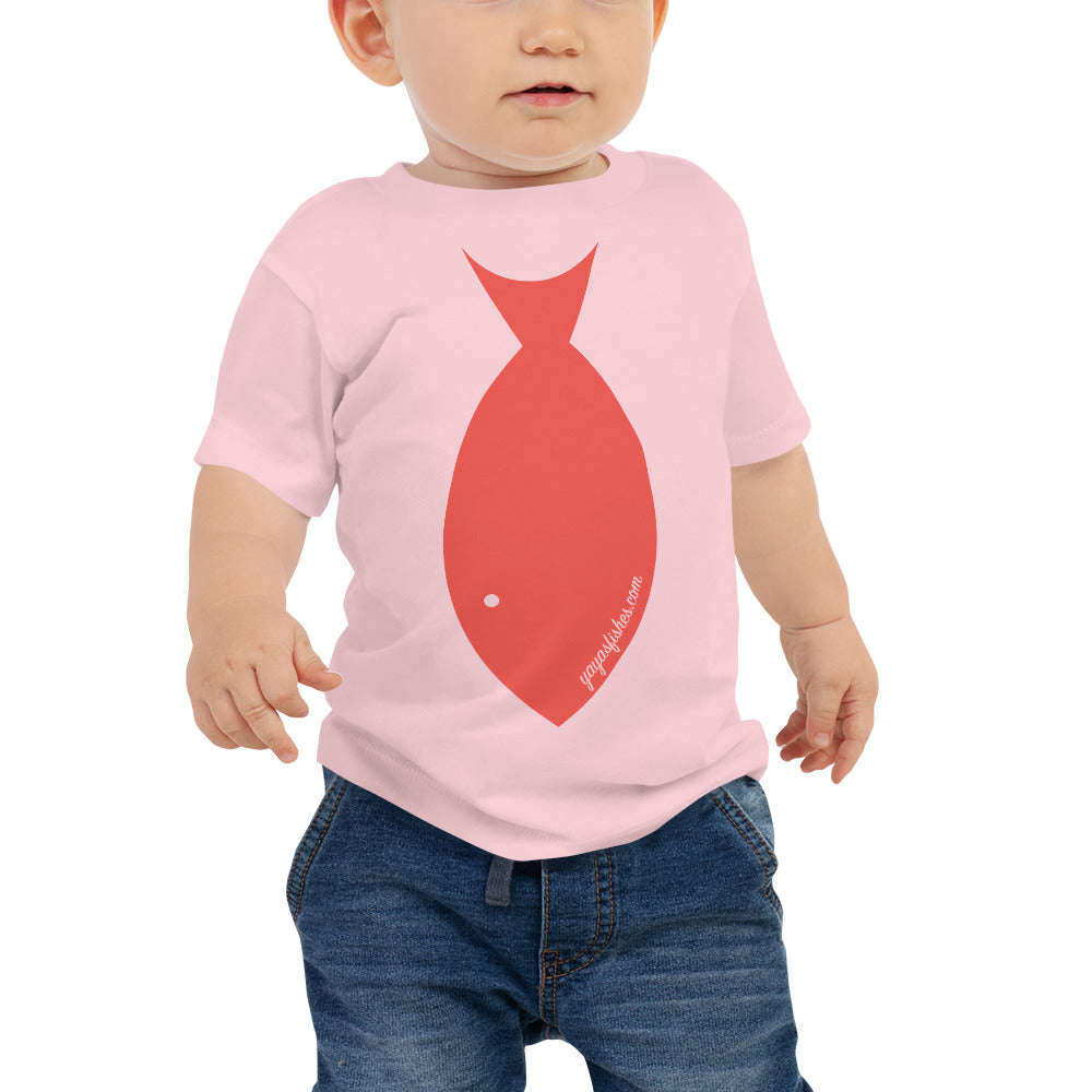 Description: Fish Tie shirt in pink with red design. Yayasfishes.com