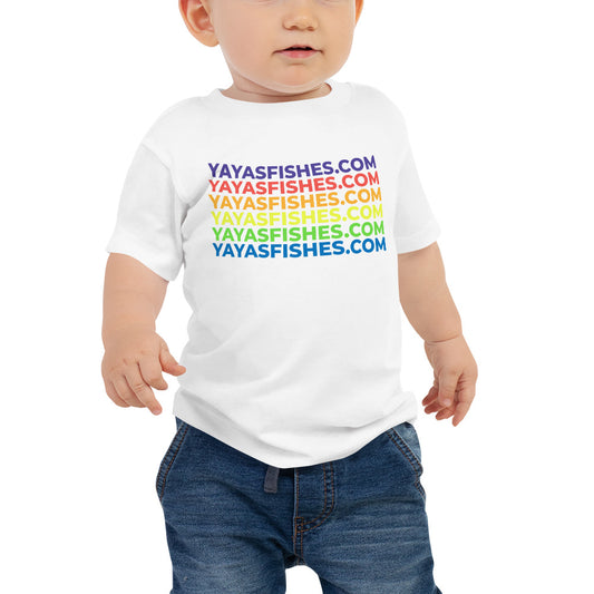 Description: White tee shirt with yayasfishes.com written six times in a rainbow of colors.