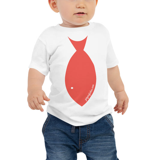 Description: Fish Tie shirt in white with red design. Yayasfishes.com