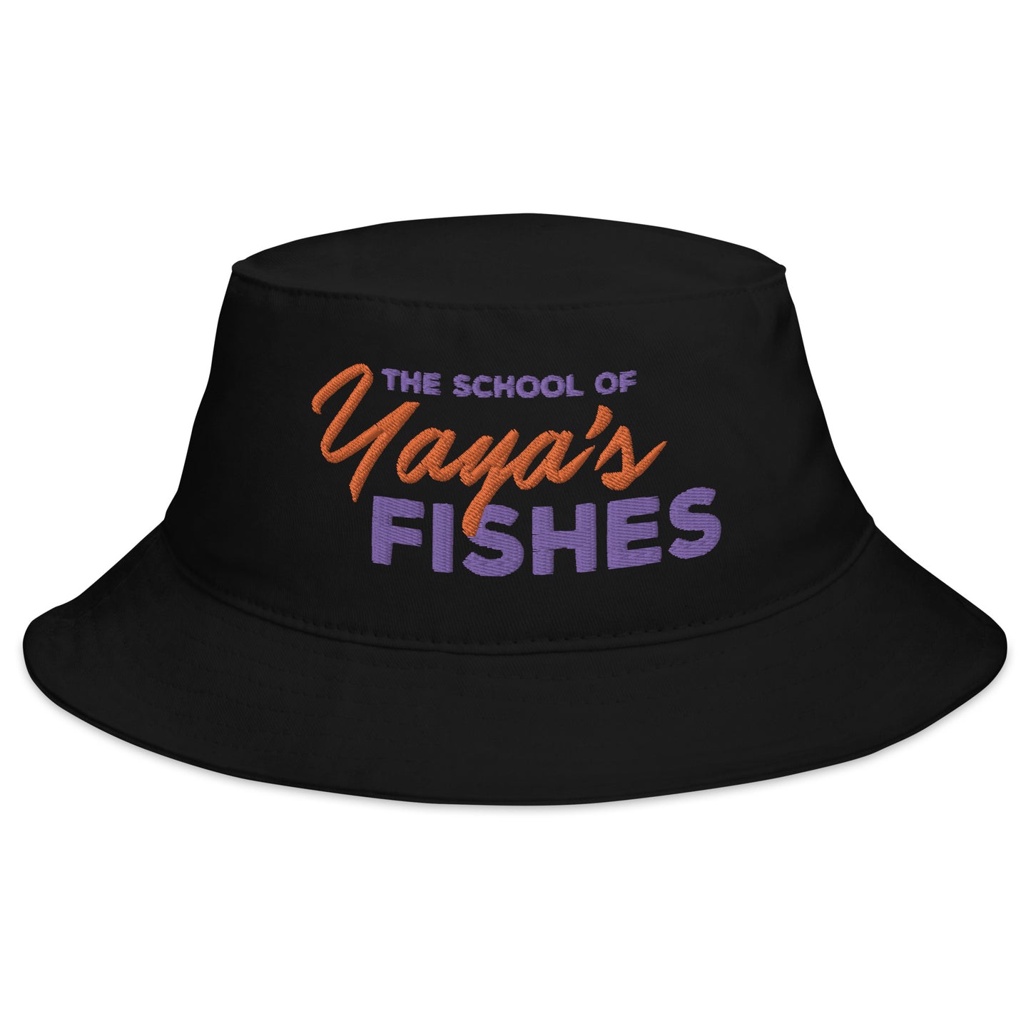 Description: Classic Bucket Hat in Black and purple and orange logo of the School of Yaya’s Fishes 