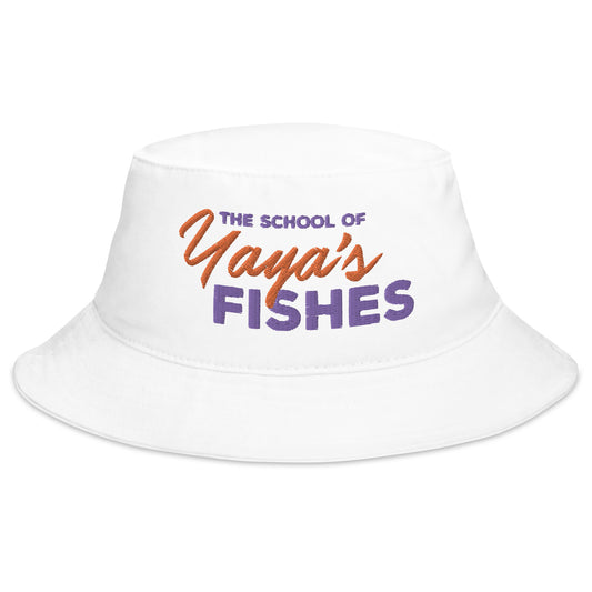 Description: Classic Bucket Hat in White and purple and orange logo of the School of Yaya’s Fishes 