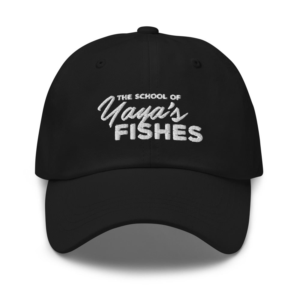 Description: Classic Dad Ball Cap in black with white embroidered logo for The School of Yaya’s Fishes.