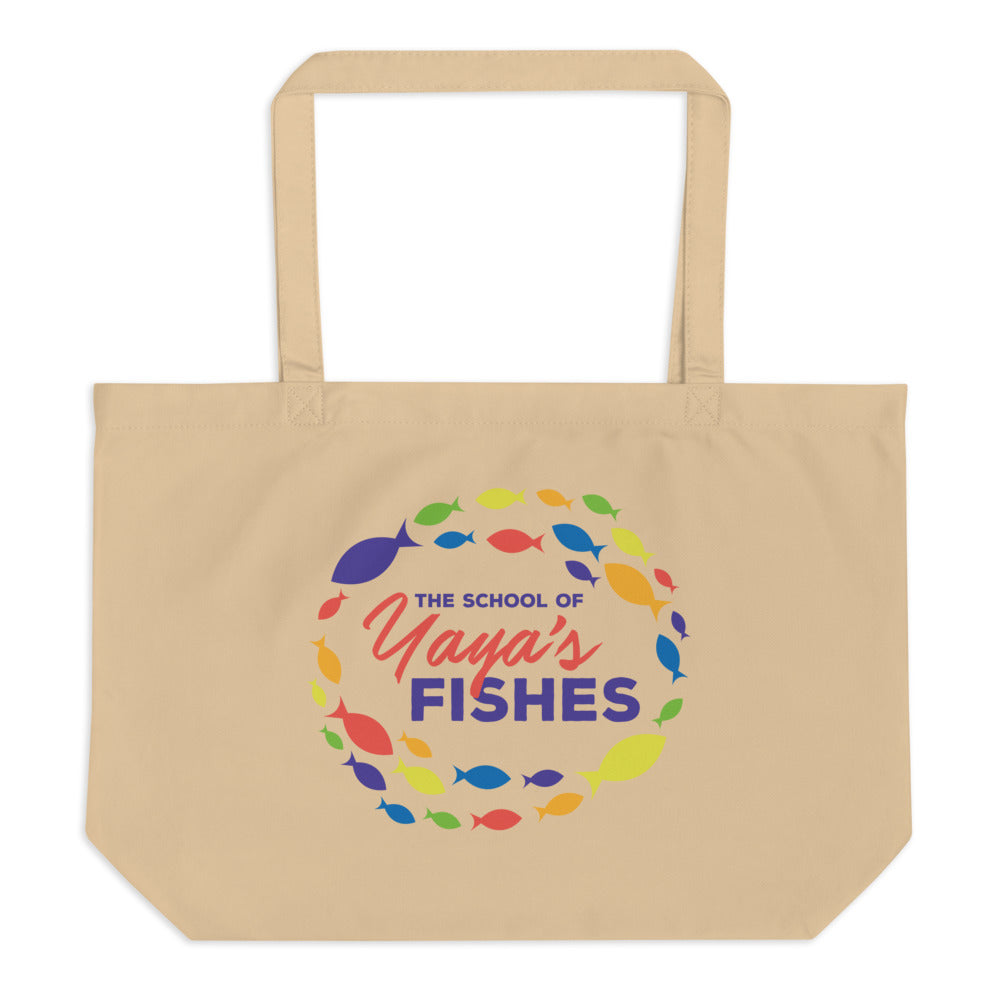 Description: Oyster tote bag with The School of Yaya’s Fishes logo