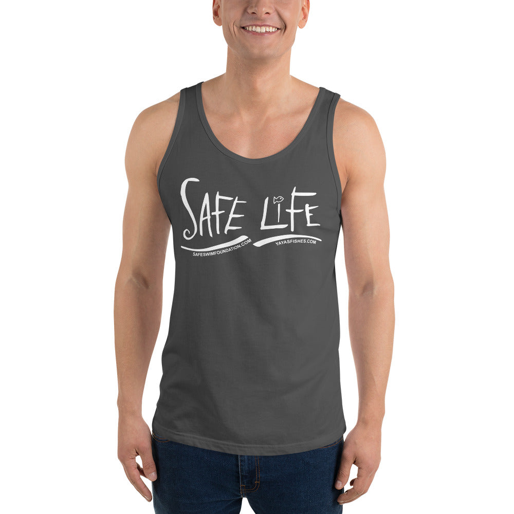 Description: Grey tank with white Safe Life logo on front. SafeSwimFoundation.com. YayasFishes.com.