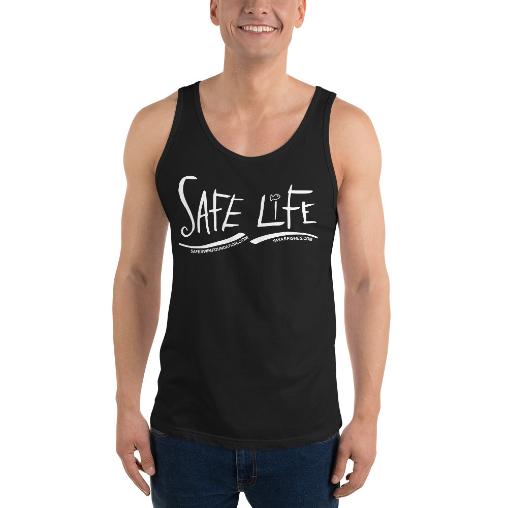 Description: Black tank with white Safe Life logo on front. SafeSwimFoundation.com. YayasFishes.com.