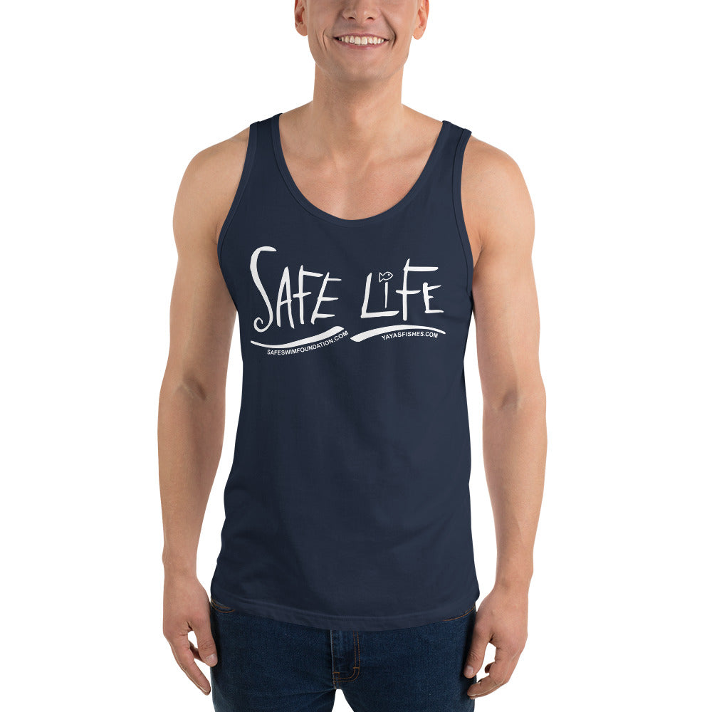 Description: Navy tank with white Safe Life logo on front. SafeSwimFoundation.com. YayasFishes.com.