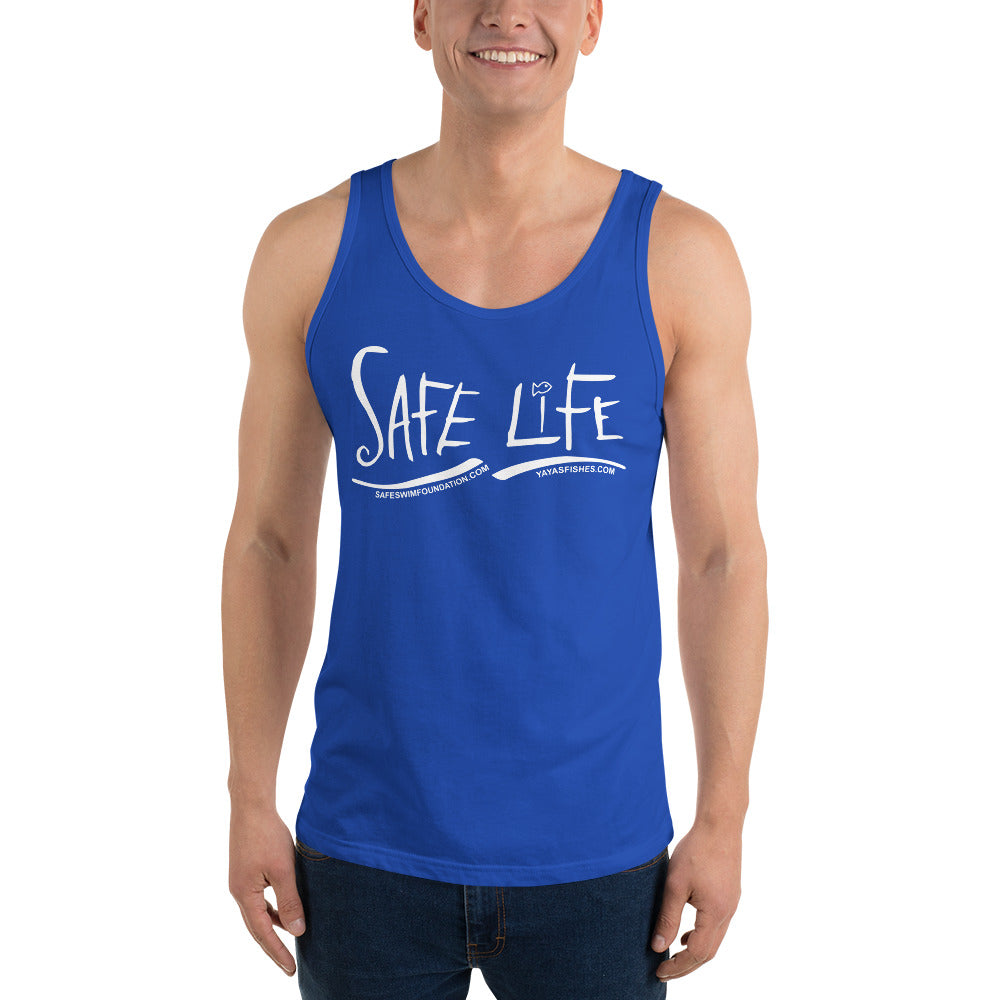 Description: Bright Blue tank with white Safe Life logo on front. SafeSwimFoundation.com. YayasFishes.com.